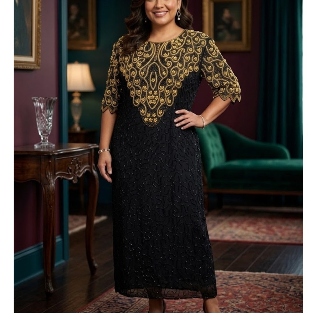 Vintage Elegant Black & Gold Embellished Evening Dress size 3X